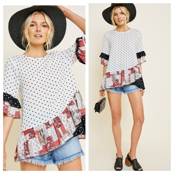 Asymmetrical Polka Dot Ruffle Top - Picture 1 of 6